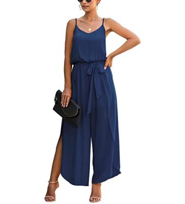 China 2022 Wholesale Casual Women's Side Slit Streetwear Long Overalls Breathable V-Neck Rompers Overalls for sale