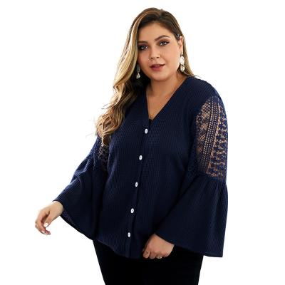 China Good Supplier Big Size Plus Size V Neck Long Sleeve Polyester Button Hollow Out Women Shirts for sale