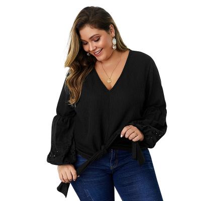 China Direct Selling Large Size V Neckline Factory Loose Cavity Texture Long Sheathed Ladies Blouse for sale