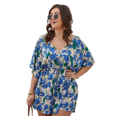 China Plus Size V Neckline Plus Size Summer Floral Print New Button Up Ladies Casual Loose Overalls for sale