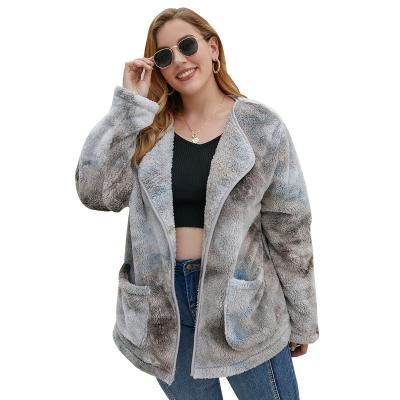 China New Arrival Plus Size Women Tie Dye Print Plus Size Thick Fleece Windproof Long Sleeve Zipper Up Loose Winter Jacket for sale