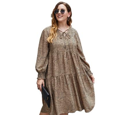 China Breathable Summer Bestseller Plus Size Casual Loose Floral Spotted V-Neck Tie Long Sleeve Ladies Dress for sale