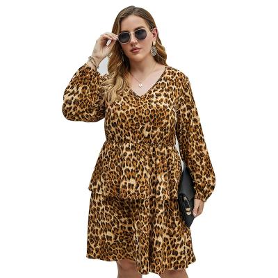 China Breathable Fashionable Style Plus Size Long Sleeve Casual Loose Leopard Print Sexy Ladies Dress for sale