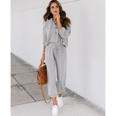 China Hot-selling Gray Casual Comfortable Women unisex hoodies with elastic string long sleeve with long pants or short jeans 17 for sale