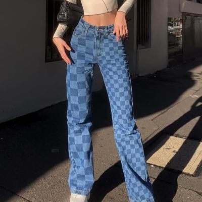 China Dad's Breathable Blue Plaid Jeans Women's Hip Hop Wide Leg Friend Printing Jacquard Jean Pants For Ladies for sale