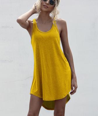 China Women Sleeveless Casual O-Neck Tank Dress Breathable Solid Loose Shoulder Asymmetrical Waist Mini Dress Summer Streetwear Plus Cotton for sale