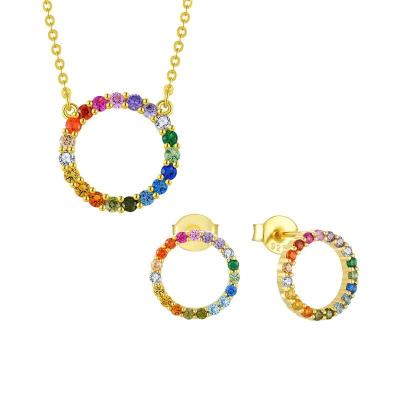 China Good Cute Jewelry Women Circle Multicolor Pendant Necklace Jewelry Set Of 925 Silver Round Shape Colorful Stone Stud Earrings for sale