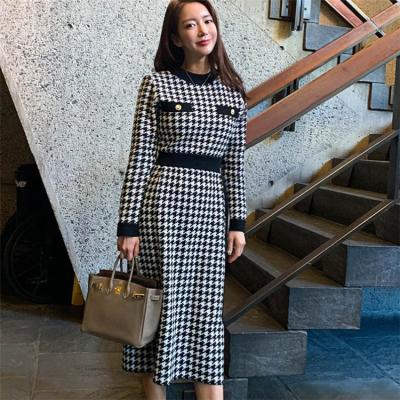 China Viable Women's Casual Houndstooth Knit French Dress Size Temperament Sweater Girls Dresses for sale