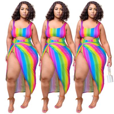 China QUICK DRY Women Plus Size Swimwear Women's Rainbow Two Piece Suit Sexy Striped Hollow Out One Piece Skirt Swimsuit for sale