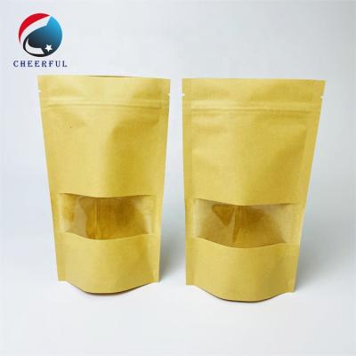 China Recyclable Eco Friendly Dried Nuts Fruit Packaging Food Grade Stand Up Pouch Brown Kraft Paper Bag With Window for sale