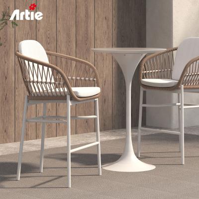 China Artie Modern Bistro Furniture High Seat UV-Resistant High Fe Rattan Bar Wicker Woven Aluminum Outdoor Chair for Hotel for sale