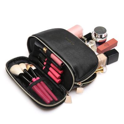 China Durable Travel Organizer Luxury Waterproof Black Leather Makeup Brush Holder, Docuble Layer High Quality Cosmetic Bags Zipper Pouch for sale