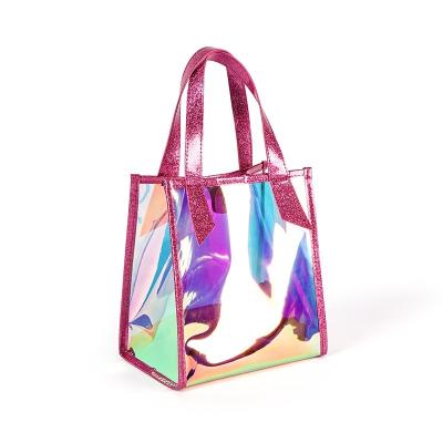 China Custom Logo Printing Clear Transparent TPU Tote Cosmetic Bags, Clear Holographic Handbag Beach Bags, Waterproof Makeup Bag With Handle for sale