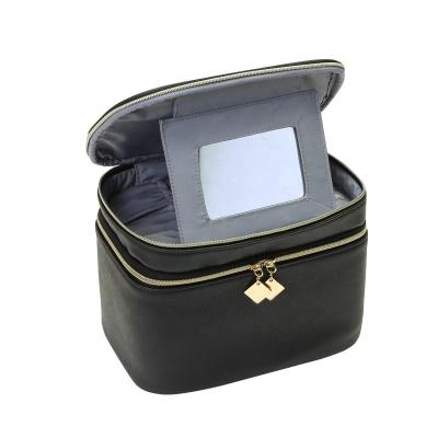 China Wholesale Recyclable Black Travel Double Layer Wash Toiletry Bag, PU Leather Makeup Cosmetic Bag With Mirror for sale