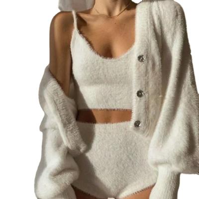 China Breathable Women 2020 Fall Mohair Cardigan Shorts Sets Women Casual Clothing Sets Sweater Two Piece Set for sale