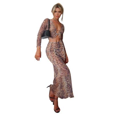 China 2021 New Arrivals Breathable Culture Tiger Pattern Women Two Piece Sets Complete Maxi Skirt Fashion Women Clothing Set for sale