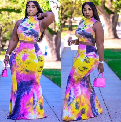 China Wholesale Plus Size Fashionable Crooped Tie Dye Skirt Set With Sleeveless Top And Skirt For Women Fashion Outfits for sale