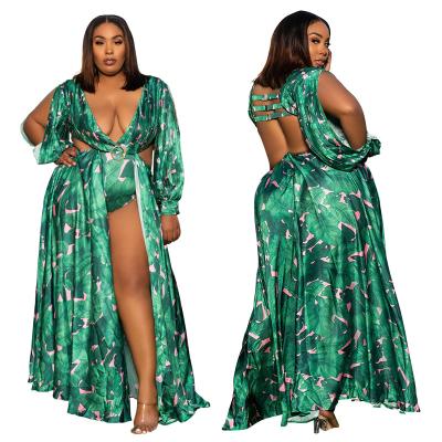 China New Design QUICK DRY Plus Size Print Green Color V Neck Backless Summer Long Beach High Waist Split Dress for sale