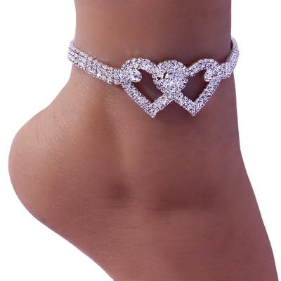 China Diamond Tennis Chain Anklet Bling Double Heart Foot Chain Jewelry Anklet BOHEMIA Fashion Sweet Love Full Bracelet for sale