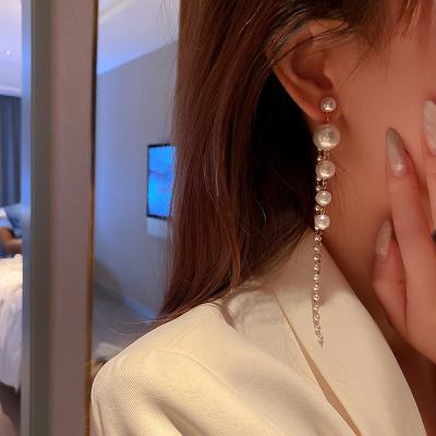 China Wholesale S925 Silver Pin Diamond Pearl Tassel Long Earring Statement Fashion Earrings Romantic Women for sale