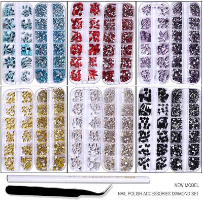 China WELLFLYER Hotsale Metal 12 Grids Nail Art Decoration Kit 3D Rhinestones Gems, Nail Charms Multicolor Acrylic Crystals for sale