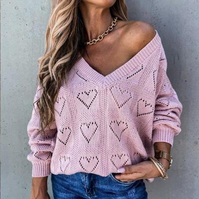 China Lady Loose Hollow-out Heart Shaped Knit Sweater Autumn Hot Sale Women Clothing Anti-wrinkle Casual Solid Sweater Wholesale Custom V-Neckline for sale