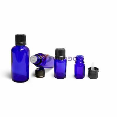 China Personal Care Glass Bottles , Blue Glass Euro Dropper Bottles With Black Tamper Caps And Visible Orifice Reducers for sale