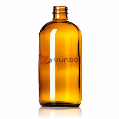 China Personal Care 16 oz Amber Glass Boston Round Bottle 28-400 Amber Boston Round with Black Poly Cone Cap for sale