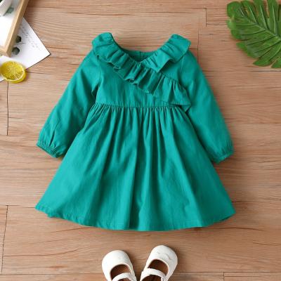 China Autumn Winter Washable Green Baby Long Sleeve Dress Sweet Ruffle Buffalo Dresses Baby Girls Clothing for sale