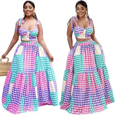 China J&H QUICK DRY 2022 summer fashion crop set two piece tops hot sale ladies colorful plaid maxi skirts and skirts long boho dresses for sale