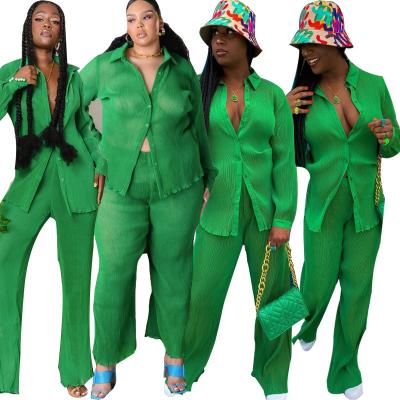 China J&H QUICK DRY Fashion Hot Sale Women's Clothing 2022 Pop Fashion Green Shirt Pleated Pants Suit Women Spring Sets for sale