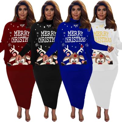 China J&H Viable Fashion Two Piece Sets 5XL Plus Size Print Turtle Neck Long Sleeves Cloth Women's Digital Holiday Christmas Suit Skirts for sale