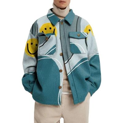 China J&H spring 2022 fashion streetwear breathable jacket graffiti long sleeve button down casual smile face print coat full men for outwear for sale