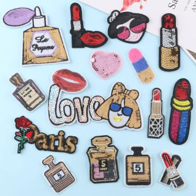 China Handmade Custom Lipstick Perfume Felt Sequin Embroidered Patches For Shoes Hat Bags for sale