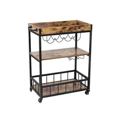 China Easy To Move With 4 Casters 3 Tiers Vintage Style Kitchen Serving Cart With Wooden Tray for sale