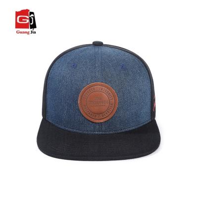 China JOINT OEM Leather Patch 6 Panel Design Flat Brim Denim Snapback Hat for sale