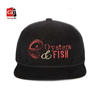 China JOINT Custom Own Brand Design Black Flat Brim Corduroy 5 Panel Snapback Cap for sale