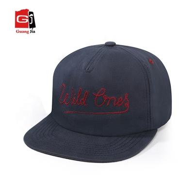 China COMMON Manufacturer Custom High Quality Cotton Hat Unstructured Brim Flat Cap With Chain Stitch Embroidery for sale