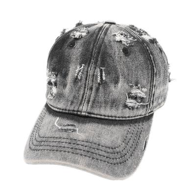 China COMMON Wholesale Ripped Denim Washed Distress 6 Panel Baseball Cap Adjustable Metal Buckle for sale