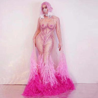 China Mermaid Evening Dresses Pagoda Dress Long Sleeve Rhinestone Ball Gown Singer Dress Stage Performance Wear Women Sexy Pink Club Prom Dress for sale