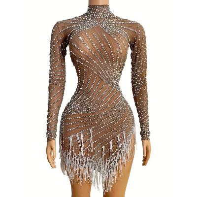 China Sexy Dresses See Through Mesh Tassel Bodycon Rhinestone Hip Wrap Dress Women Dinner Dress Evening Dresses Formal Prom Club Dresses for sale