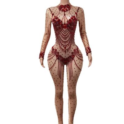 China Red Crystal Rompers Pole Dance Bodycon Overalls Long Sleeve Sparkly Jumpsuits Stage Performance Wear Women Party One Piece Jumpsuits for sale