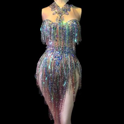 China Sexy Jumpsuits Rhinestone Fringe Pole Dance Leotard Stripper Outfits Exotic Dancewear Sequins Show Performance Jumpsuits Women Jumpsuits for sale