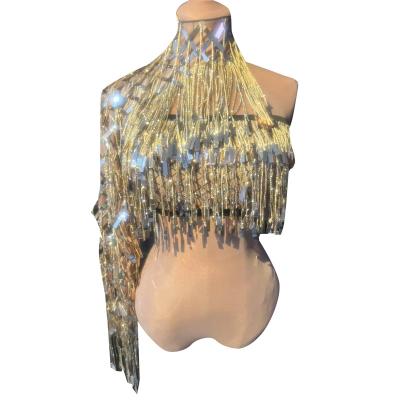 China from above & Women's Formfitting Tops Reflective Performance Singer Dancer Tees Golden Sequin Sexy Tassel Sleeve Costume Show Exotic Dance Wear for sale