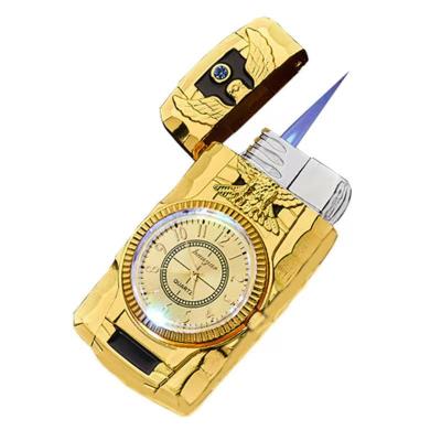 China 2021 New Design Watch Jet Windproof Torch Gas Lighter Metal Cigarette Lighter Inflated Gasoline Butane LED Flash Lighters for sale