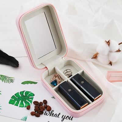 China Wholesales Packaging Lace Jewelry Zipper Lipstick Gift Box Leather Customize Cosmetic Box Packaging With Mirror for sale