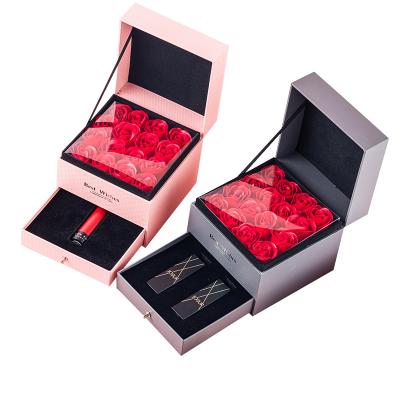 China Recyclable Customize Gift Box Artificial Flower Lip Gloss Small Pink Rose Romantic Layered Gift Box Small Drawer Gift Box for sale