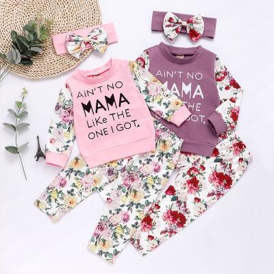 China 2022 fall casual infant clothing long sleeve print tops + pants printing + headband 3 piece set for sale