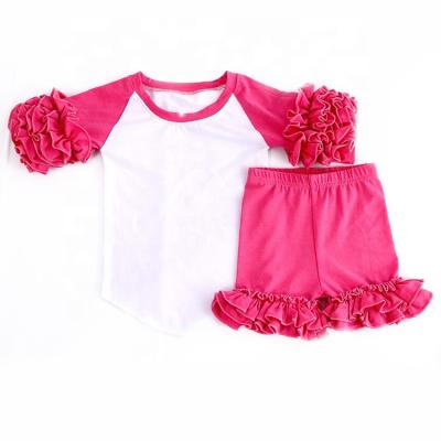 China Cheap New Arrival OEM Casual Girls Kids 2 Piece Pink Organic Cotton Ruffle Clothing Sets for sale