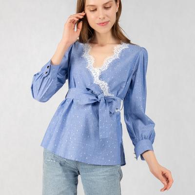 China 2021 Summer New Arrival Women's Cotton Lurex Blouse Spring/Casual Anti-pilling Shirt With Lace And Tie for sale